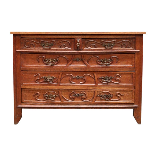 Antique French Oak Art Nouveau Chest of Drawers with Brass Handles and Carved Door Detail. B12866