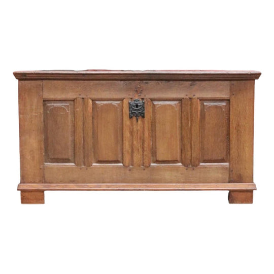 Antique French Oak Blanket Box Coffer with Panelled Sides and Iron Handle. B12781