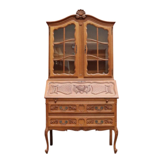 Antique French Oak Bureau Bookcase Drop Front Desk Glass Doors. B12777