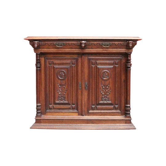 Antique French Oak Cabinet – Elegant Two Door, Two Drawer with Key. B12616