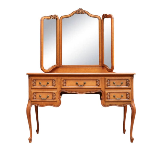 Antique French Oak Dressing Table Three Mirrors Five Drawers Scroll Feet. B12815
