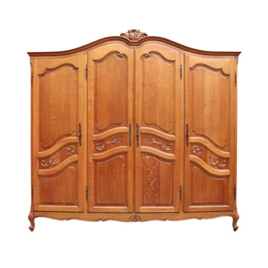 Antique French Oak Four-Door Armoire Wardrobe, c.1910, Camel-Back Pediment, Three Keys