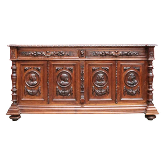Antique French Oak Four-Door Sideboard with Carved Panels and Bun Feet. B12727