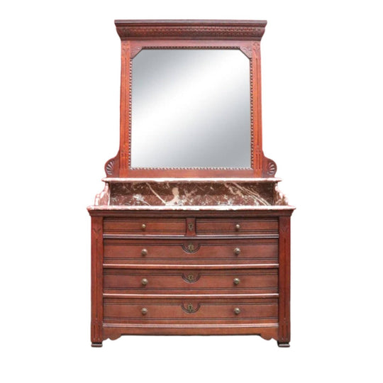 Antique French Oak Marble Top Dressing Table Chest with Mirror. B12916