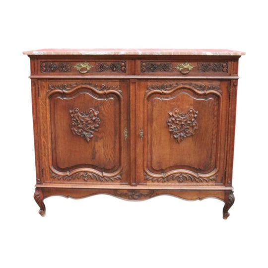 Antique French Oak Marble Top Sideboard with Drawers and Cupboards. B12870