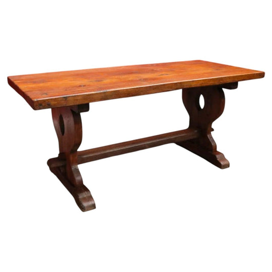 Antique French oak refectory table with slab top and stretcher base. B13029