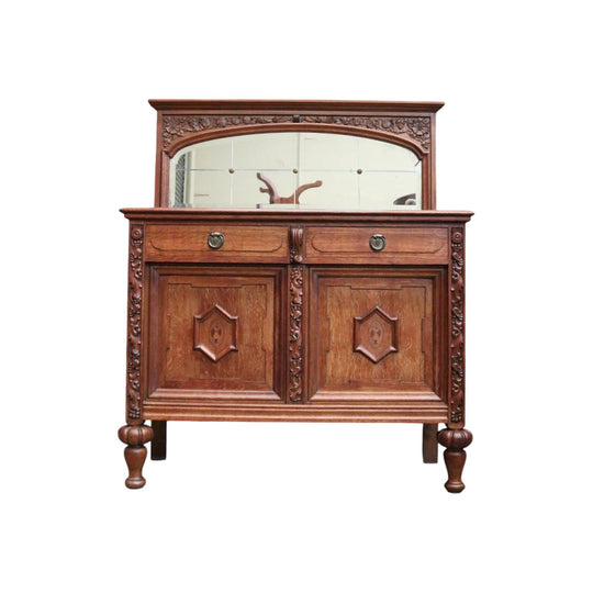 Antique French Oak Sideboard – Marquetry Inlay, Carved Floral Front, Brass Pulls