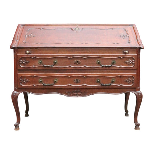Antique French Oak Writing Bureau or Desk with Drop Front Brass Handles Key and Cabriole Legs. B12706