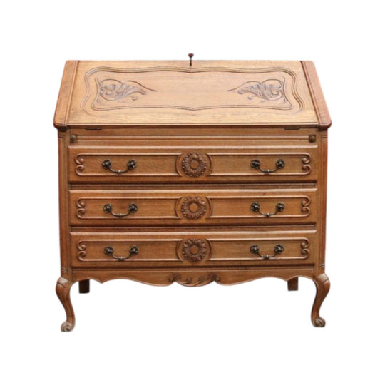 Antique French oak writing bureau with carved detail and drop front. B12768
