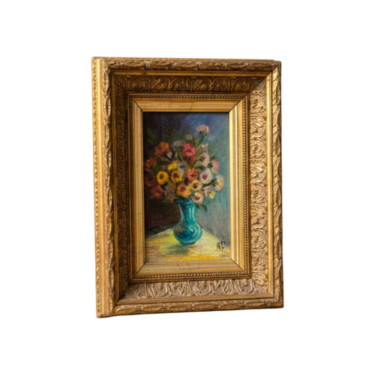 Antique French Oil Painting Floral Bouquet in Blue Vase