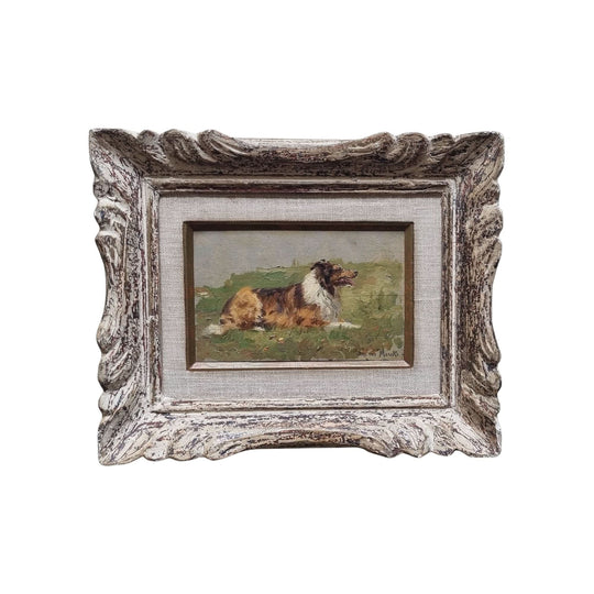 Antique French oil painting of a Collie dog