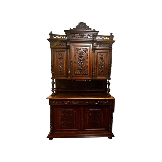 🪑 Antique French Renaissance Revival Buffet – Solid Carved Oak – Circa 1880s