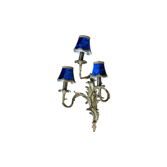 Antique French Rococo Louis XV Gilt Bronze Three Arm Pair of Wall Sconces