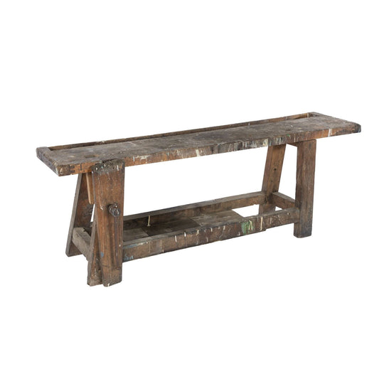 Antique French rustic Etabli work bench from a farmhouse in Chamonix with aged paint splatters and a charming aged patina