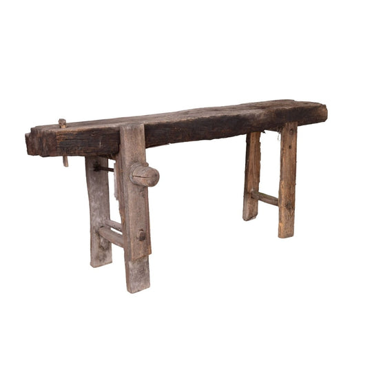 Antique French rustic 'Etabli' Workbench with vice and storage from a chateau workshop in the French Alps