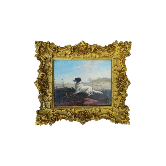 Antique French school dog in a landscape oil painting