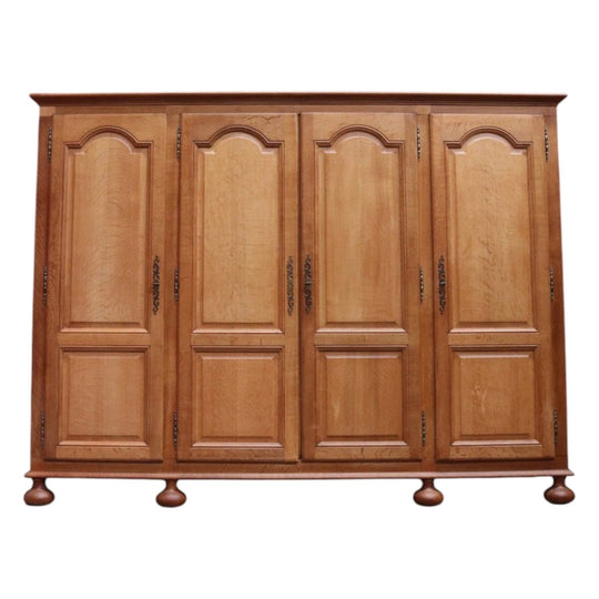 Antique French Solid Oak Four-Door Armoire / Wardrobe, France, c. 1940 — Hanging Compartments, Shelves, Three Keys