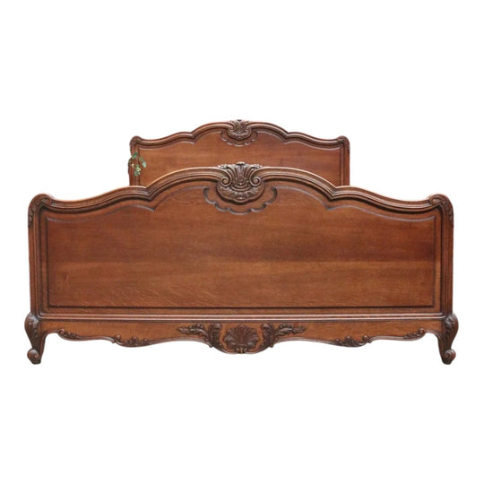 Antique French Solid Oak Queen-Size Bed Frame with Carved Headboard and Footboard, c. 1920