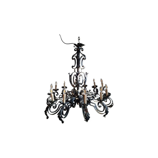 Antique French Spanish 12 light wrought iron chandelier