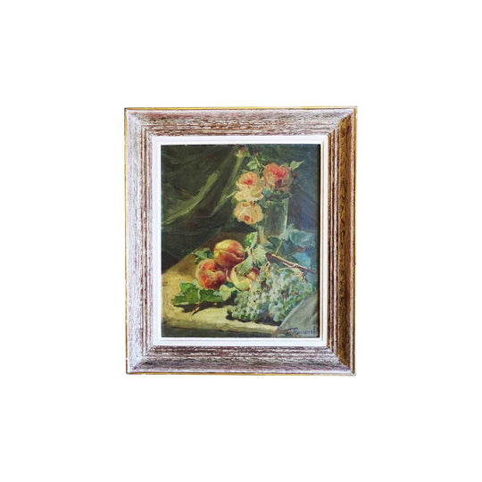 Antique French still life oil painting of flowers and fruit