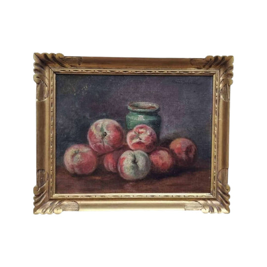 Antique French still life peaches oil painting