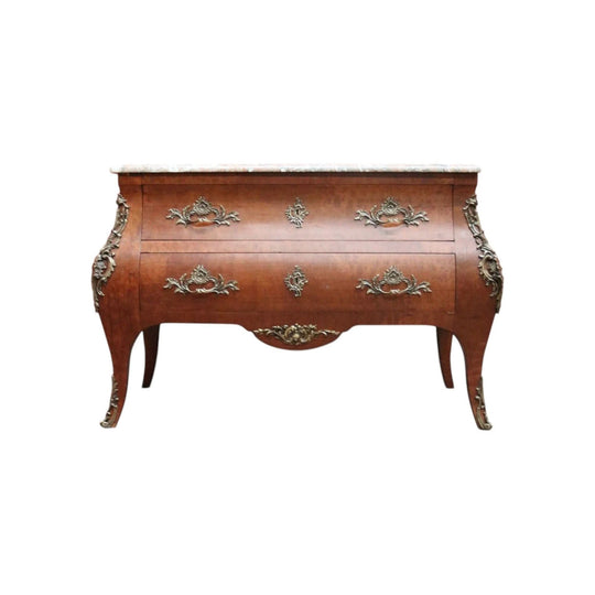 Antique French Walnut and Marble Chest of Drawers or Hall Way Cabinet, Gilt Brass Mounts and Handles.