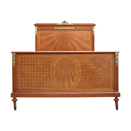 Antique French Walnut Double Bed with Gilt Bronze Mounts and Sunray Pattern. B12165