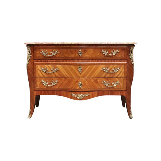 Antique French Walnut, Gilt Brass and Marble Top Three Drawer, Chest of Drawers.