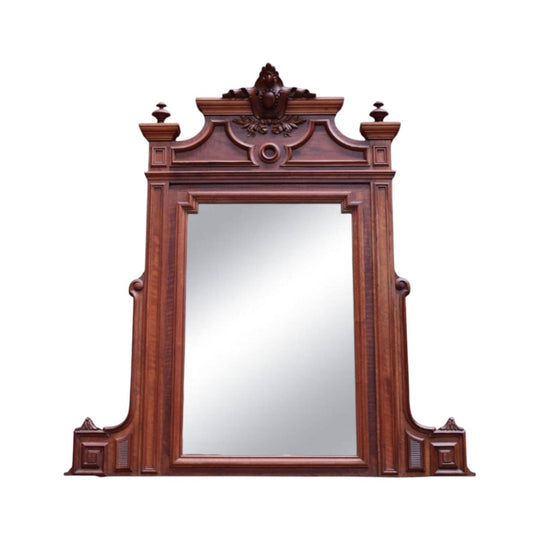 Antique French Walnut Overmantel Mirror with Carved Detail and Central Crest