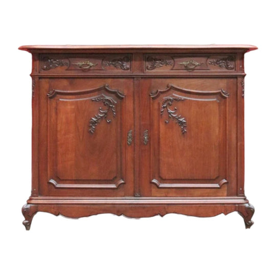 Antique French Walnut Sideboard with Cast Brass Handles and Carved Detail. B12731