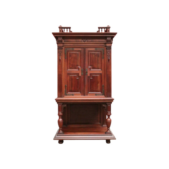 Antique French Walnut Stationery Cabinet – 2 Doors, Brass Fittings, Finial Detail. B12464
