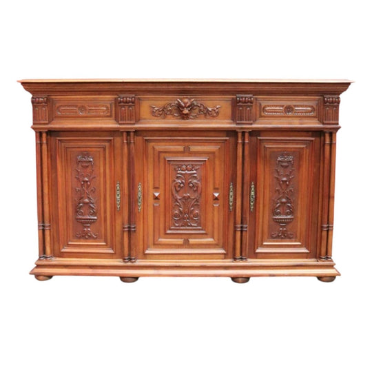Antique French Walnut Three Door Sideboard Carved Detail Brass Escutcheons. B12926
