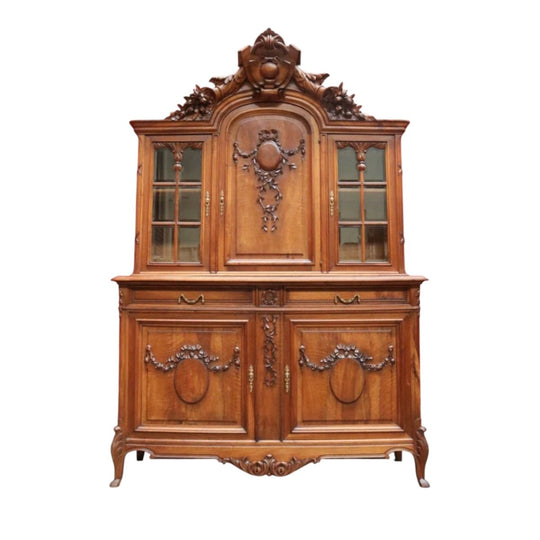 Antique French Walnut Two Height Bookcase with Carved Details and Glass Doors. B12910