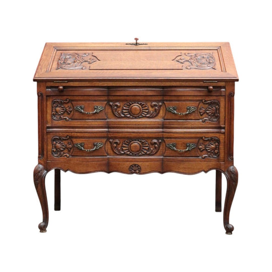 Antique French Writing Bureau with Shaped Drawer Fronts Brass Handles Internal Drawers and Scroll Feet. B12738