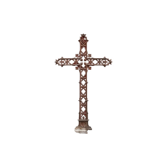 Antique French Wrought Iron Crucifix with Fretwork – Garden Memorial Cross. B12518