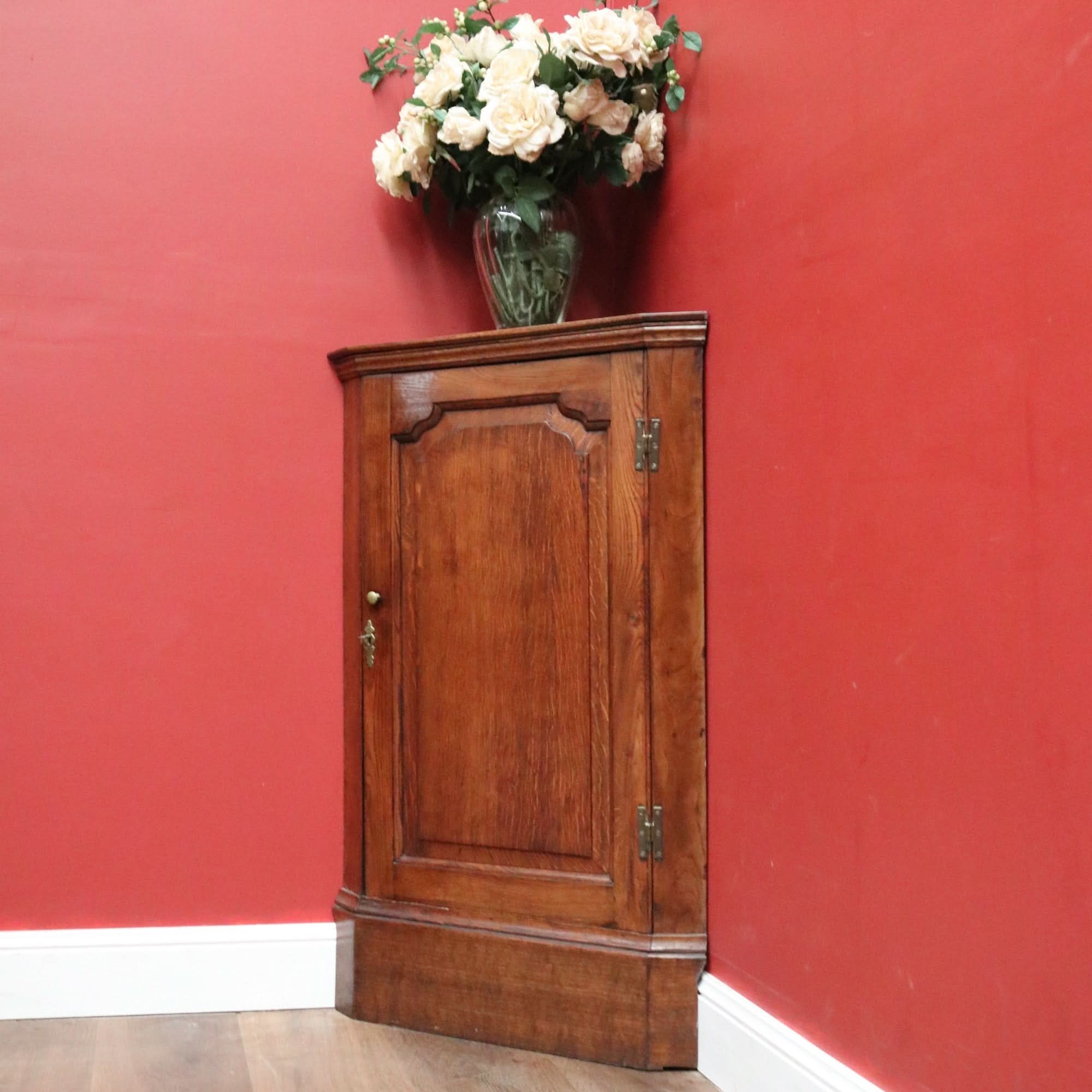 Antique Georgian English Oak Corner Cabinet – Brass Fittings, Key, 3 Shelves | Bazaa | Designer, Vintage and Antique Furniture