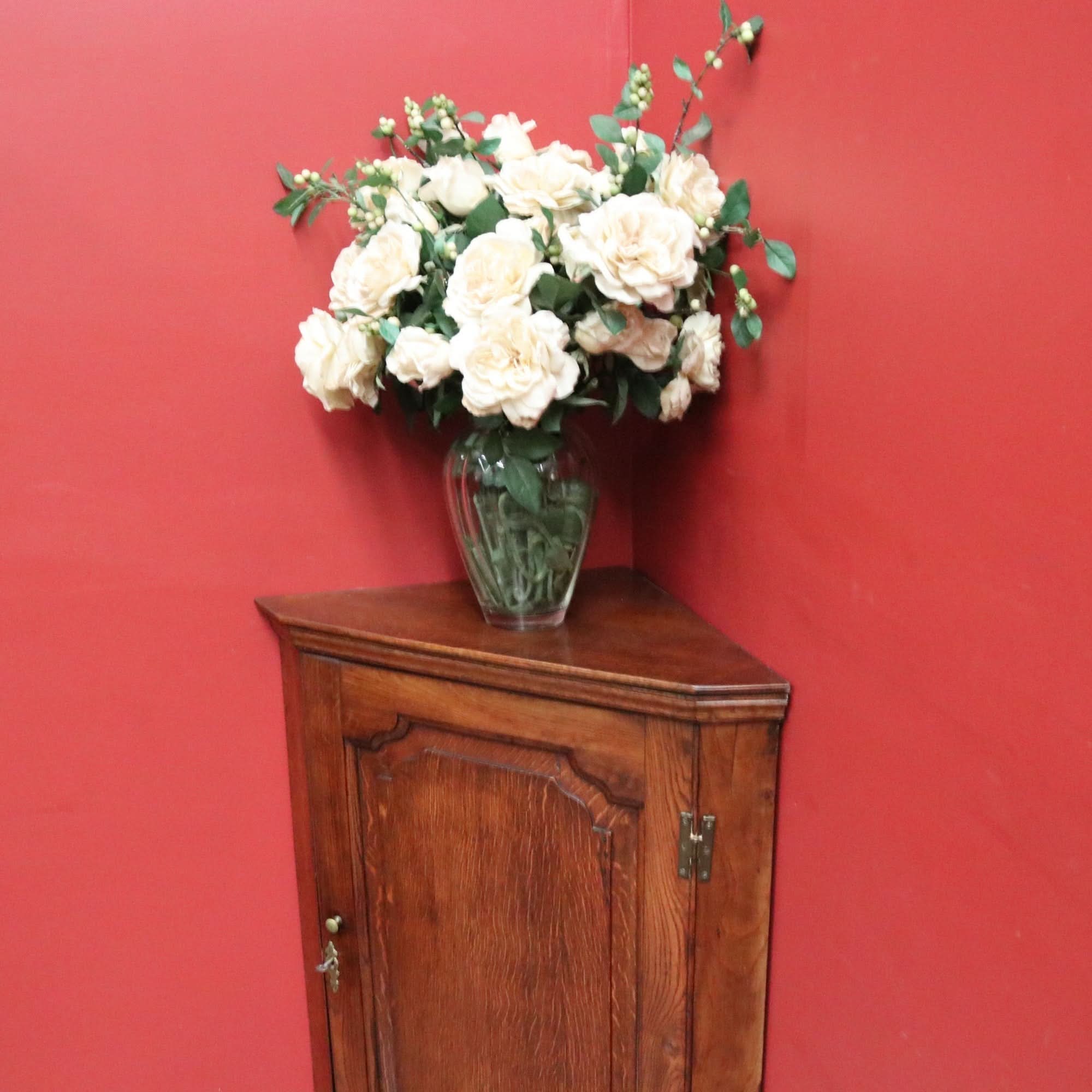 Antique Georgian English Oak Corner Cabinet – Brass Fittings, Key, 3 Shelves | Bazaa | Designer, Vintage and Antique Furniture