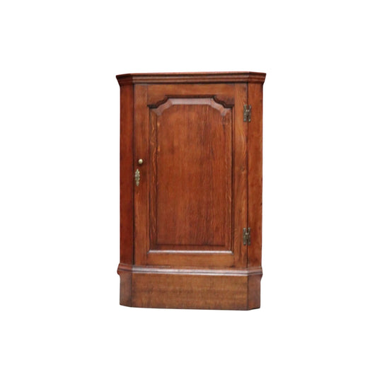 Antique Georgian English Oak Corner Cabinet – Brass Fittings, Key, 3 Shelves