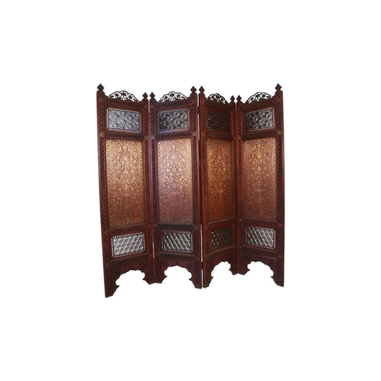 Antique Indian carved Padouk four fold Screen with Brass inlay