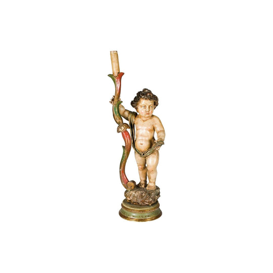 Antique Italian carved cherub figure candle holder