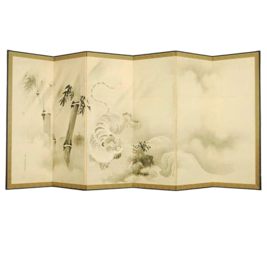 Antique Japanese Kano School Six-Panel Tiger Screen by Yosenin Karenobu (1753–1808), Late 18th Century