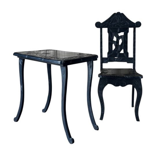 Antique Japanese Nikko Carved Wood Chair & Table Circa 1900-1920
