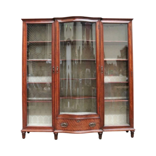 Antique English Mahogany China Cabinet, Three Glazed Doors with Curved Centre, Circa 1950