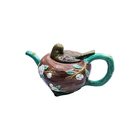 Antique majolica bird in nest teapot