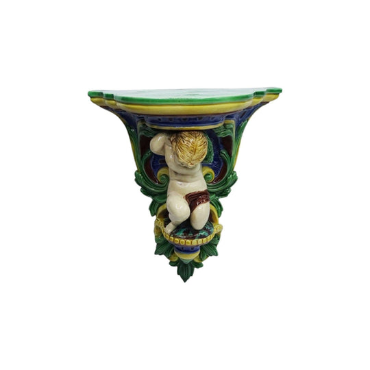 Antique Minton Majolica cherub wall brackets