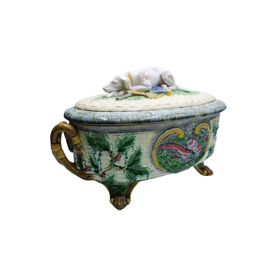 Antique Minton majolica gun dog game pie dish