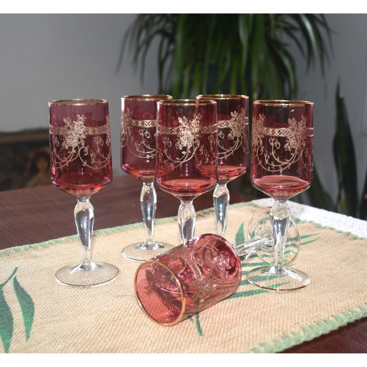 Antique Moser Bohemian cranberry glass cordial or wine glasses. Set of 6 | Bazaa | Designer, Vintage and Antique Furniture