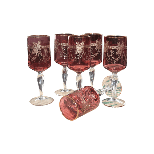 Antique Moser Bohemian cranberry glass cordial or wine glasses. Set of 6