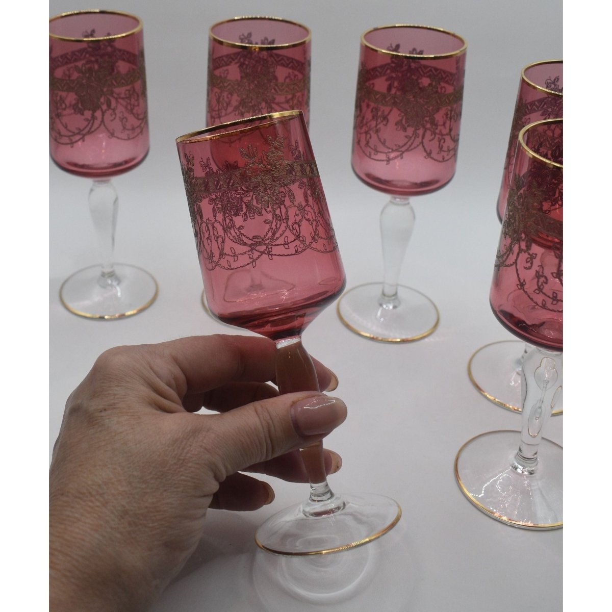 Antique Moser Bohemian cranberry glass cordial or wine glasses. Set of 6 | Bazaa | Designer, Vintage and Antique Furniture