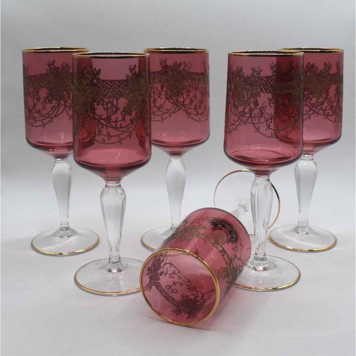 Antique Moser Bohemian cranberry glass cordial or wine glasses. Set of 6 | Bazaa | Designer, Vintage and Antique Furniture